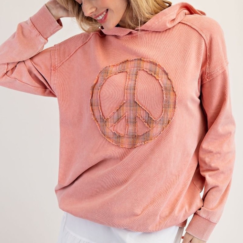 NEW EASEL CLOTHING WASHED TERRY KNIT PULLOVER PEACE HOODIE CORAL